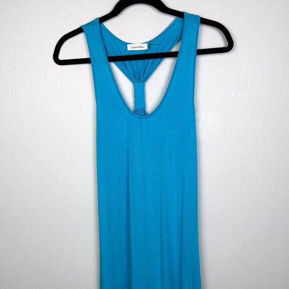 Calvin Klein Pool Blue Racerback Jersey Striped Maxi Dress Stretch Comfort 10 - Picture 3 of 13